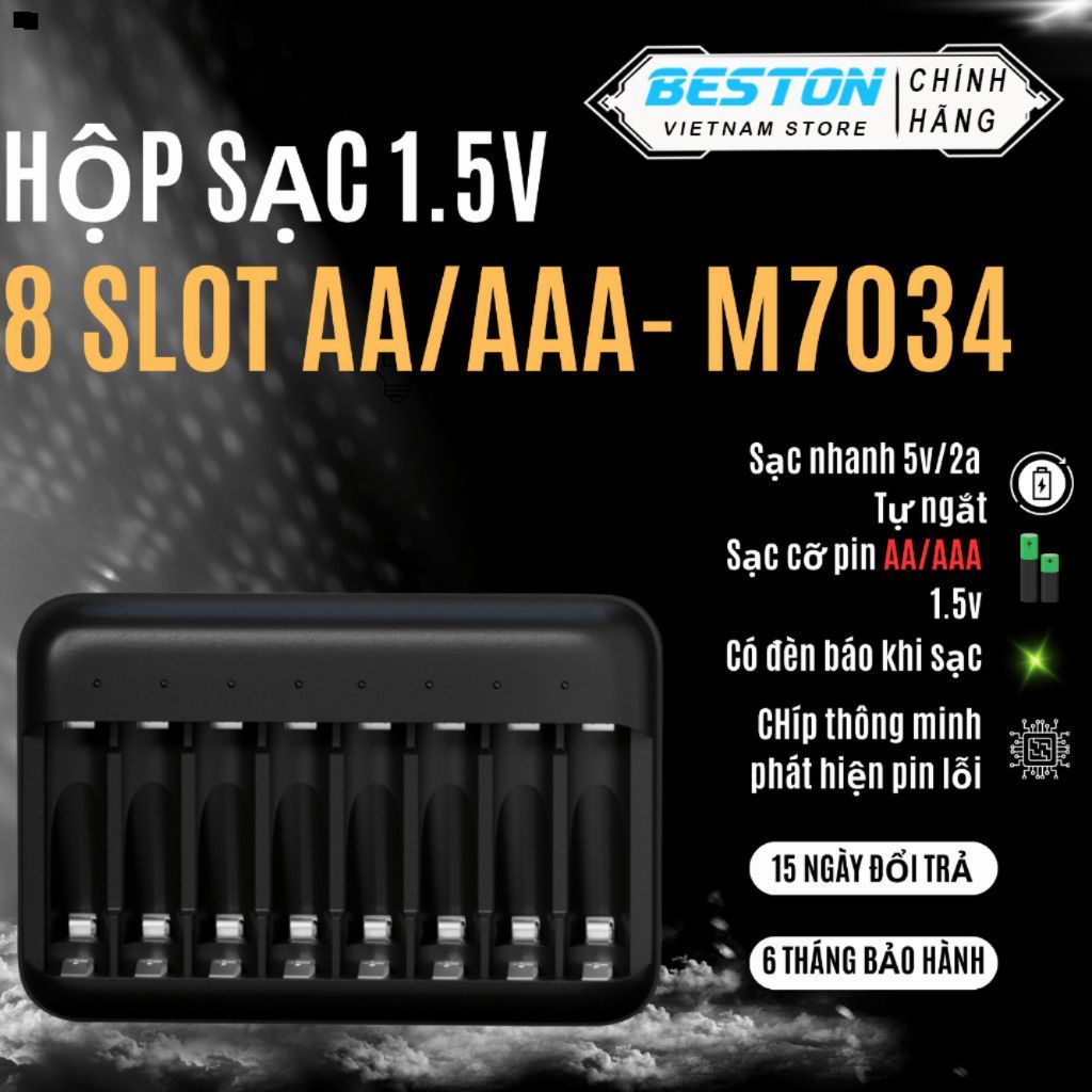 Sạc 8 khe AA/AAA Lithium 1.5V, sạc nhanh, tự ngắt, đèn báo đầy.
