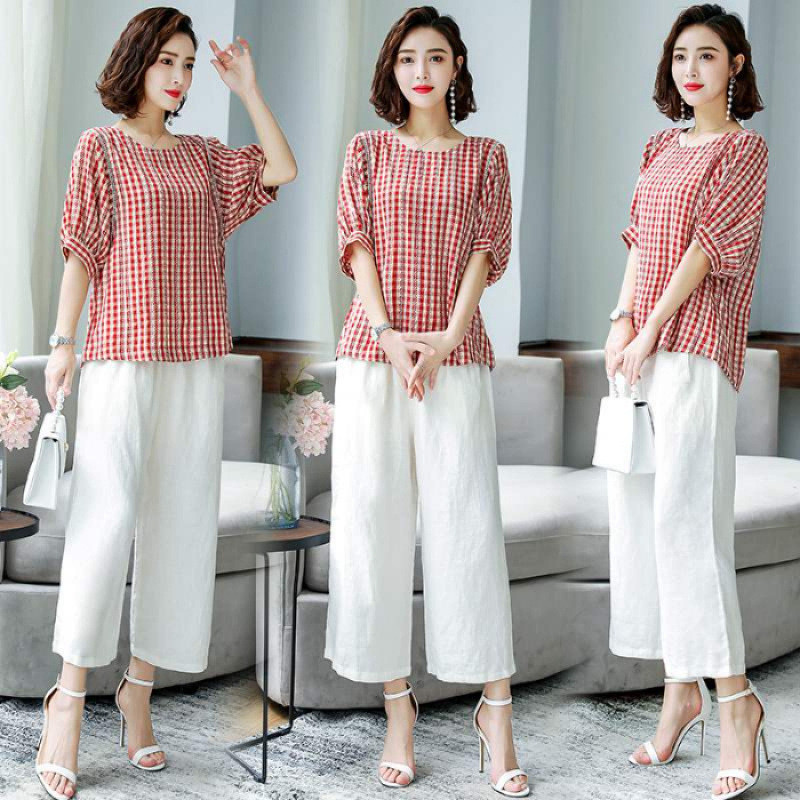 Bộ trang phục Xuân Thu Hè mới dành cho các bà mẹ, thời trang nữ trung niên, bộ hai mảnh cỡ lớn, phong cách thường ngày.