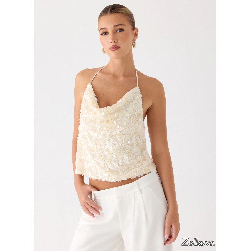 Áo Tank Top Crop Halter KimSa Lấp Lánh Phong Cách Cổ Bò Cho Mùa Hè