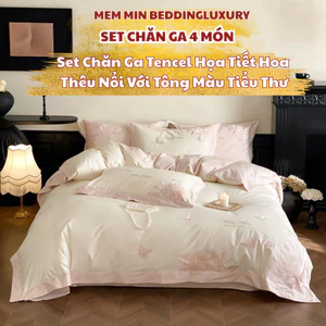 Bộ vỏ chăn ga gối 4 món lụa tone màu bánh bèo nhẹ nhàng MemminbeddingLuxury mang họa tiết hoa thêu nổi cực bền