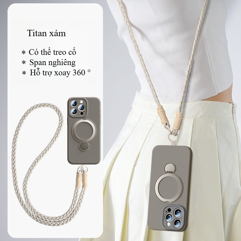 Ốp Lưng Silicone Mềm Giá đỡ Xoay 360° Cho IPhone 17 16 15 14 13 Pro Max | Chống Sốc Kèm Dây đeo Chéo Dài