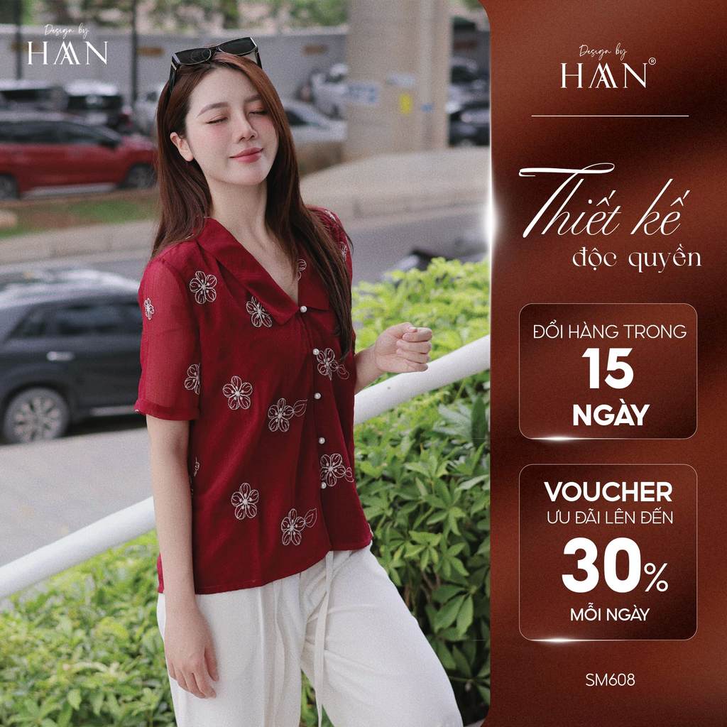 Áo Sơ Mi Tơ Nữ Màu Đỏ Thiết Kế Cổ V Thêu Hoa Nổi Đính Cúc Ngọc Sang Chảnh HAAN Design SM608