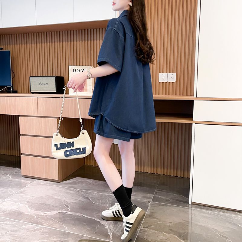Bộ hai món áo sơ mi và quần short denim rộng rãi, phong cách mới, thời trang mùa xuân hè, dành cho nữ