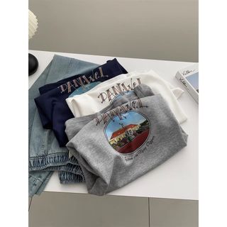 Áo thun nữ cổ tròn tay ngắn hình hoạt hình, 100% cotton
