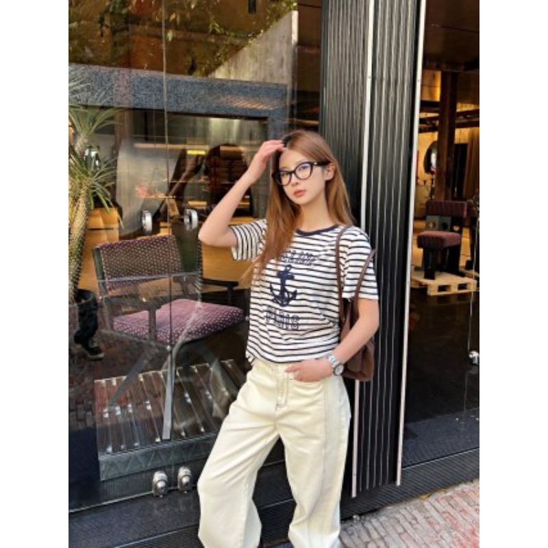 Áo thun Cotton sọc cổ tròn ngắn tay mới dành cho nữ