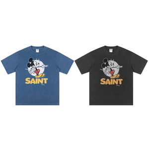 Áo thun cổ điển in hình chuột hoạt hình ma thuật, áo thun ngắn tay Unisex màu xanh hải quân & đen rửa