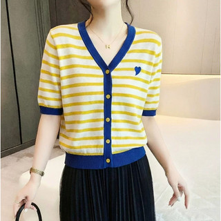 Áo len sọc tay ngắn cổ chữ V phong cách mới, phù hợp mùa hè