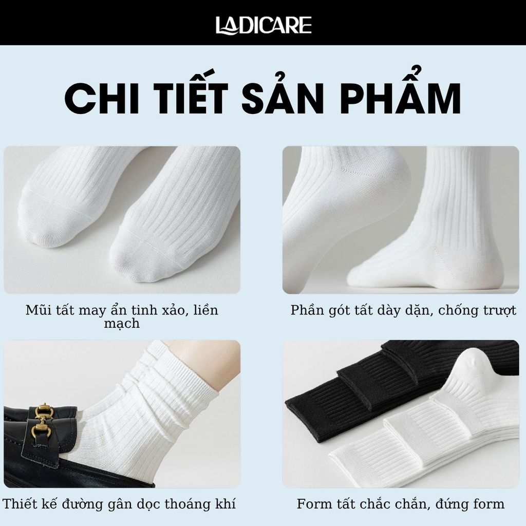 Tất trắng đen trơn cổ ngắn, cổ trung, cổ cao nam nữ LADICARE phong cách basic, chất liệu sợi tự nhiên, thoáng mát