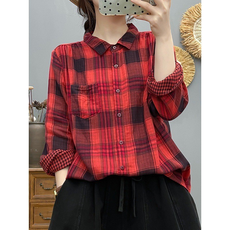 Áo sơ mi nữ chất liệu cotton cao cấp 100%, kẻ sọc dài tay rời, phù hợp thời trang xuân thu và phong cách retro