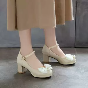 VNTMLH34-43 Kích Thước Lớn Thời Trang Công Chúa Phong Cách Ngón Tròn Dày Gót Cao Mary Jane Giày Ngọc Trai Nơ Khóa Phẳng Dây Đeo Giày Đơn Ngọt Ngào