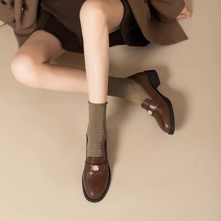 Pháp Retro Phong Cách Anh Quốc Dày Gót Giày Da Thật Slip On Camellia Giày Da Nhỏ