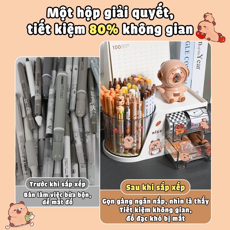 Hộp đựng bút để bàn Capybara cute, nhiều ngăn, xoay 360 độ, dùng làm kệ đựng mỹ phẩm tiện lợi