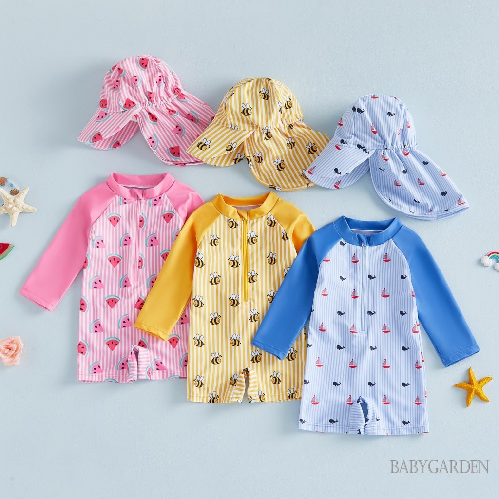 Đồ bơi bảo vệ phát ban cho bé gái có mũ Ong / Dưa hấu / Thuyền buồm In sọc Zip Up Đồ bơi dài tay