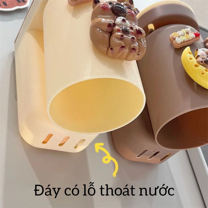 Cốc Đựng Nước & Giá Treo Bàn Chải 2in1 Hình Capybara Cho Cả Gia Đình, Không Cần Khoan, Sắp Xếp Phòng Tắm