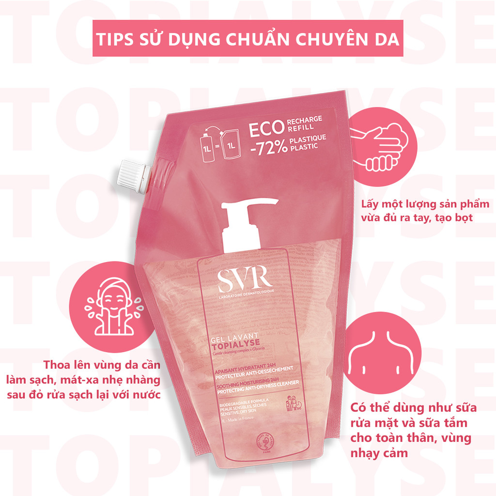 Gel làm sạch cho da nhạy cảm, da khô và viêm da cơ địa SVR TOPIALYSE Gel Lavant 1L Refill