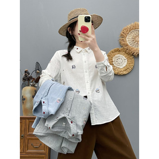 Áo sơ mi nữ 100% sợi cotton phong cách nước ngoài, họa tiết thêu tay dài, phù hợp mùa xuân 2026