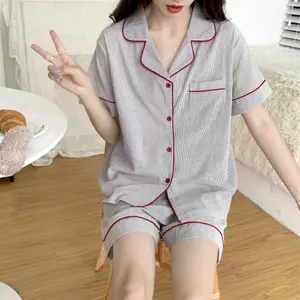 Phiên Bản Hàn Quốc Nữ Bộ Đồ Ngủ Tay Ngắn Nữ Crepe Puff Áo Cardigan Tay Ngắn Ngọt Ngào Dễ Thương Homewear Phù Hợp Với