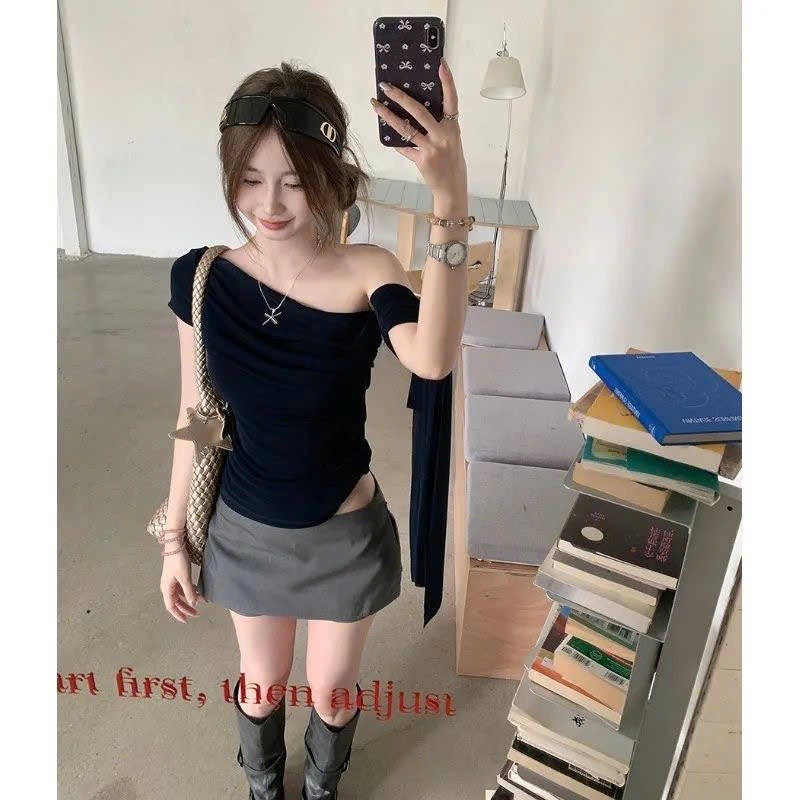 Áo lệch vai tay ngắn thiết kế dây dài cách điệu xu hướng hottrend hàng QCCC MT33 SP429
