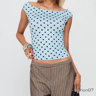 Áo thunCrop-top nữ mùa hè, tay ngắn, cổ thuyền, in chấm bi nhỏ, vừa vặn