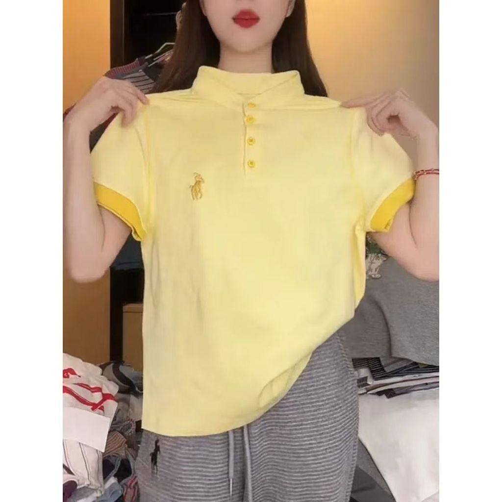 Áo sơ mi Polo thêu tay ngắn màu trơn, thời trang cho nữ