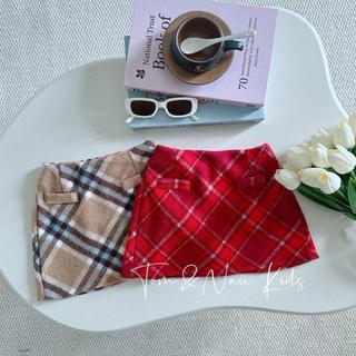 CV12-[tomnaukids] Chân váy dạ CARO NÂU ĐỎ Chữ A có bo chun phía sau có quần bảo hộ bên trong cho bé gái - Size 8-35Kg