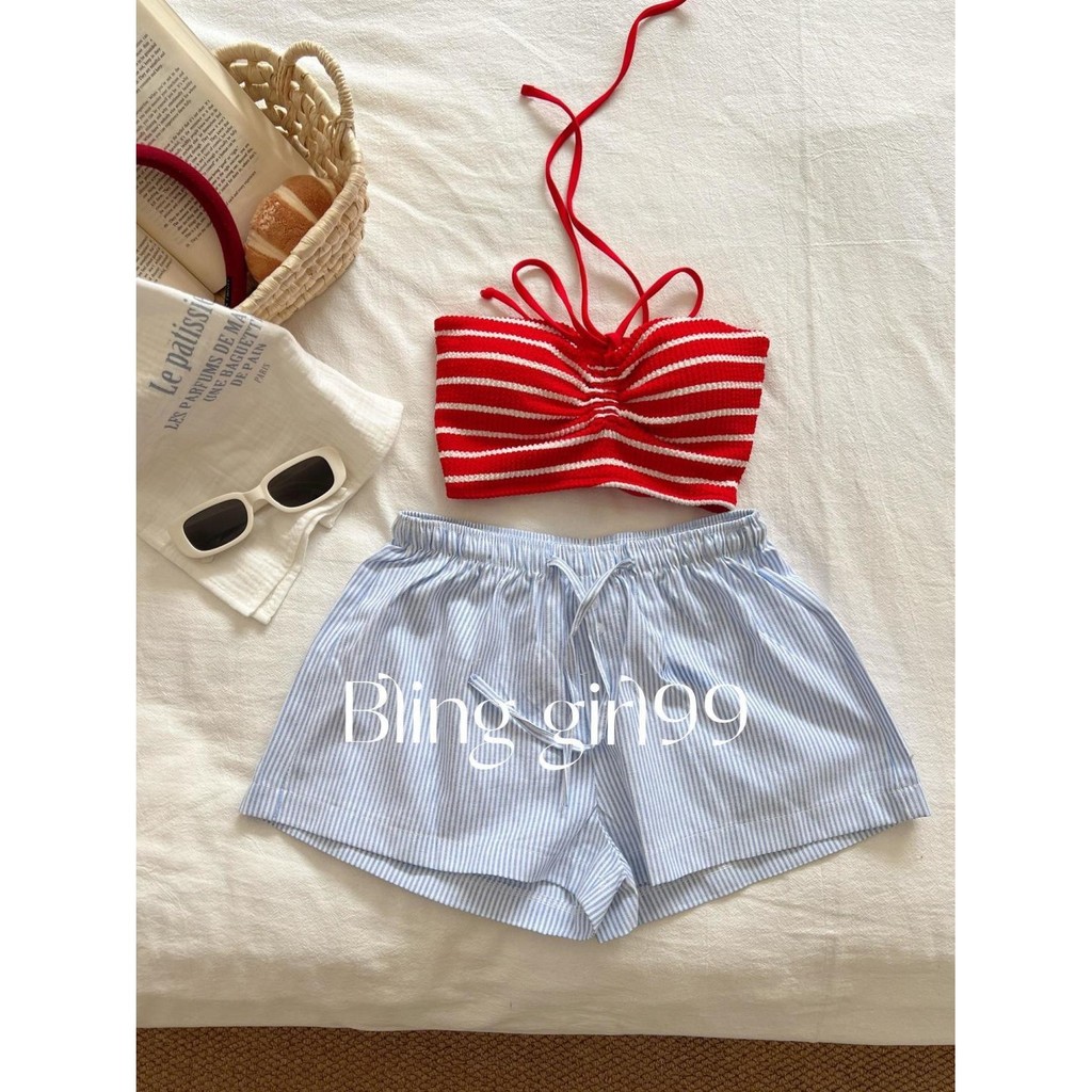 Bikini ba mảnh sọc đỏ retro cao cấp, phù hợp mùa xuân
