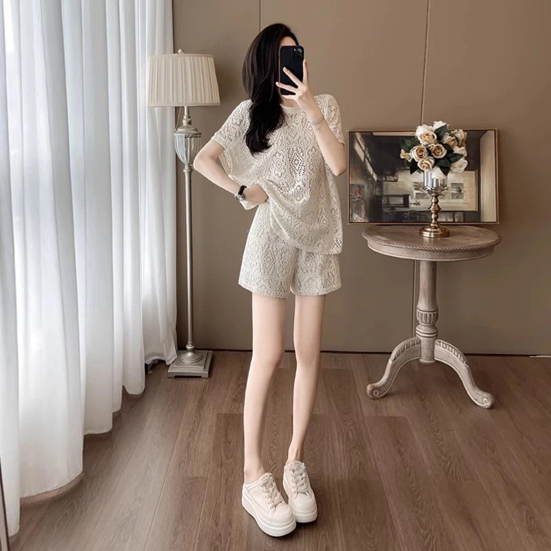Bộ đồ ngủ ren thanh lịch kiểu Pháp dành cho nữ, bộ đồ ngủ hai mảnh tay ngắn mùa hè