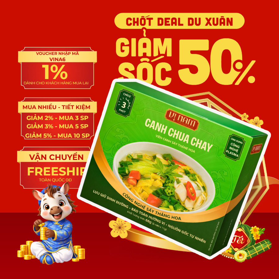 Hộp 6 viên Canh chua chay - Viên canh sấy thăng hoa Vị Nam - Vị miền nam  - Ăn liền - Thơm ngon