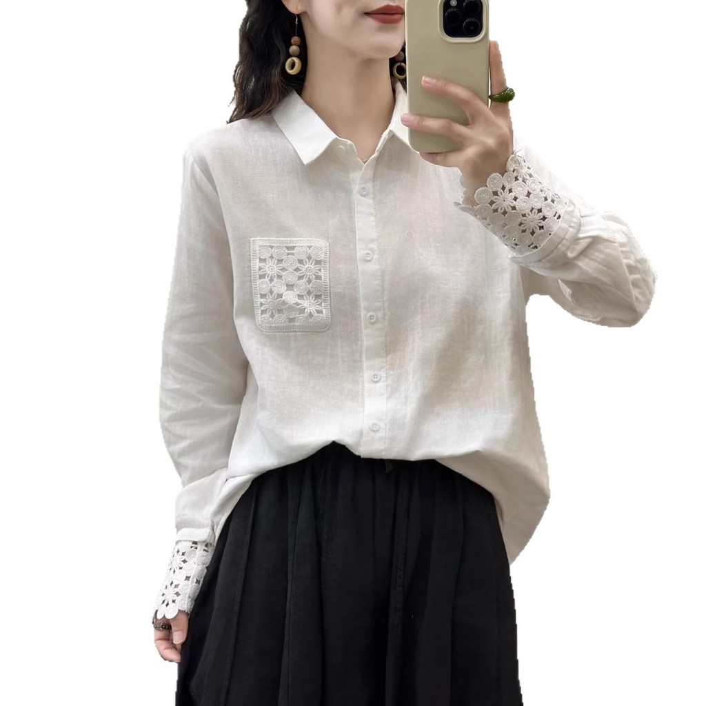 [Hàng có sẵn] Áo sơ mi nữ 100% cotton và ren, chất lượng cao, phù hợp mùa xuân
