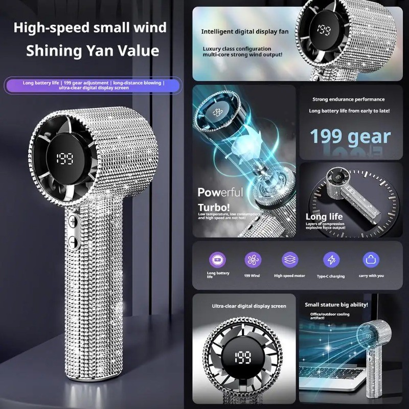 1 Chiếc Kim Cương Sang Trọng Cầm Tay Mini Quạt 199-Gears Có Thể Điều Chỉnh Di Động Cầm Tay Turbo Quạt Hiển Thị Kỹ Thuật Số Ngoài Trời Quạt Điện