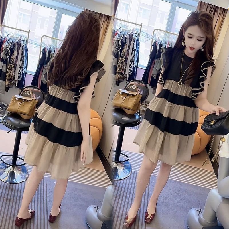 Váy Liền Không Tay,Kiểu Tây Trẻ Trung Ngọt Ngào,Mẫu Mới Mùa Hè, Váy Dài Vừa Màu Tương Phản Màu Sọc Thon Gọn Rộng Rãi