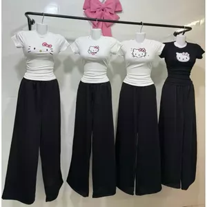 sét Bộ quần dài cạp chun đen +kết hợp áo thun CROPTOP mèo đơn giản