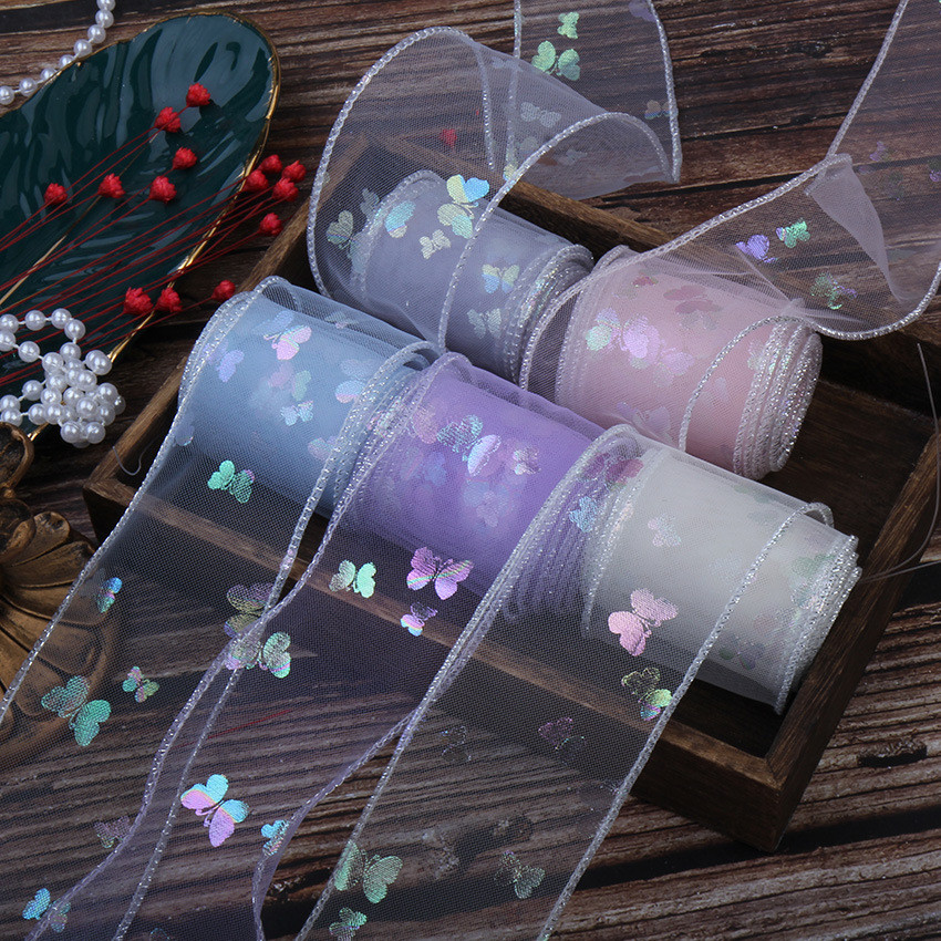 5M / Cuộn Long Lanh Bạc Cạnh Bướm Vải tuyn Ruy Băng DIY Thủ Công Và Trang Trí Tiệc