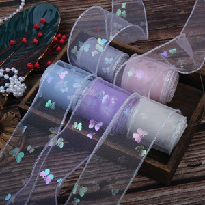 5M / Cuộn Long Lanh Bạc Cạnh Bướm Vải tuyn Ruy Băng DIY Thủ Công Và Trang Trí Tiệc