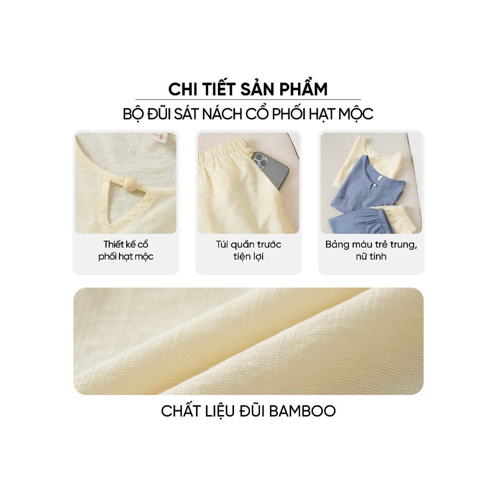 Đồ bộ nữ CARDINA chất liệu đũi bambo quần đùi áo sát nách cổ phối hạt mộc 6BDN02