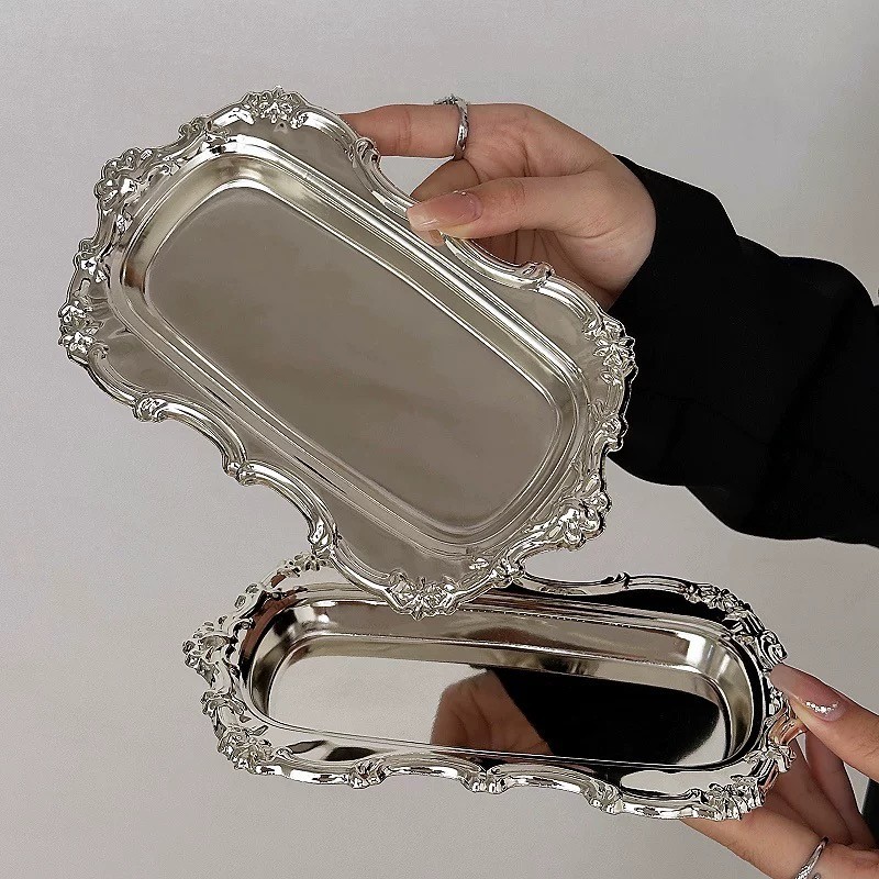 Khay Đĩa Inox Phong Cách Bắc Âu Ins Retro - Dùng Cho Bánh, Tráng Miệng, Bàn Lạnh, Kiểu Dáng Hàn Quốc