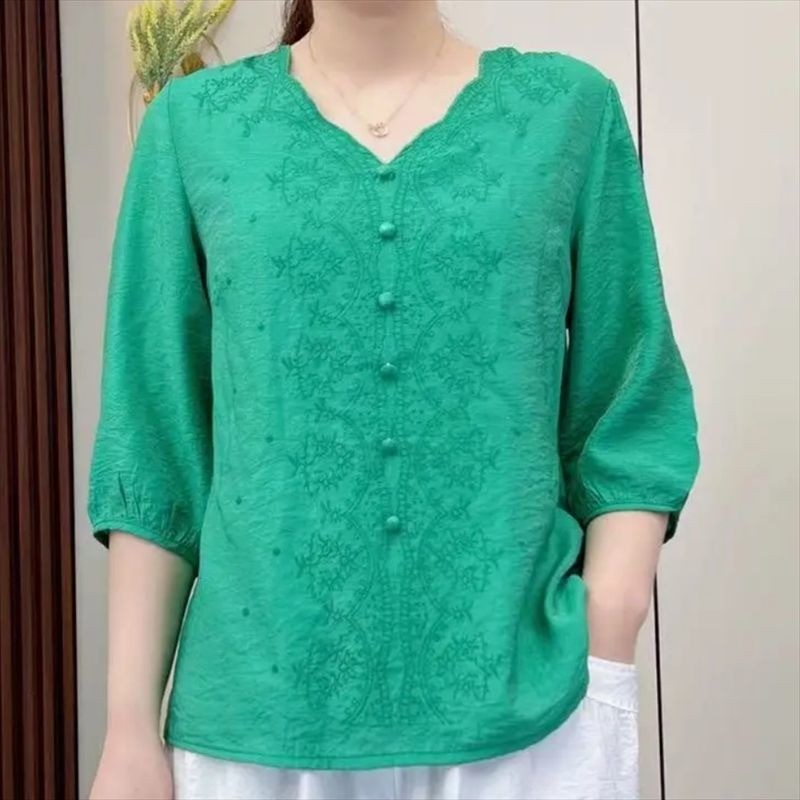 Áo sơ mi nữ phong cách Trung Quốc Retro, thêu đẹp trên cotton và vải lanh, cổ chữ V, tay rộng phù hợp mùa hè