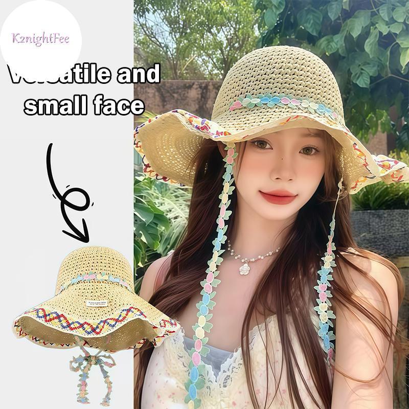 Mũ rơm thoáng khí phong cách Hàn Quốc có nơ hoa và vành lớn, chống nắng cho du lịch mùa hè