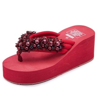 Mùa Hè Đi Biển Kỳ Nghỉ Nguyên Chất Handmade Dép Treo Hạt Gót Cao Flip-Flops Nữ Plus Size Flip-Flops O2NS