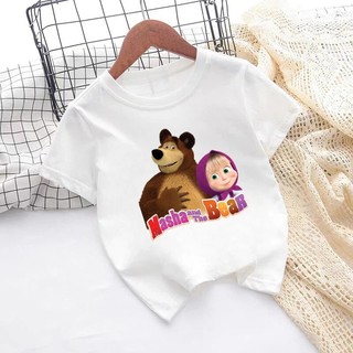 Áo thun hoạt hình Masha Masha và The Bear cotton áo thun trẻ em giản dị hàng đầu thời trang ngắn tay quần áo đa năng