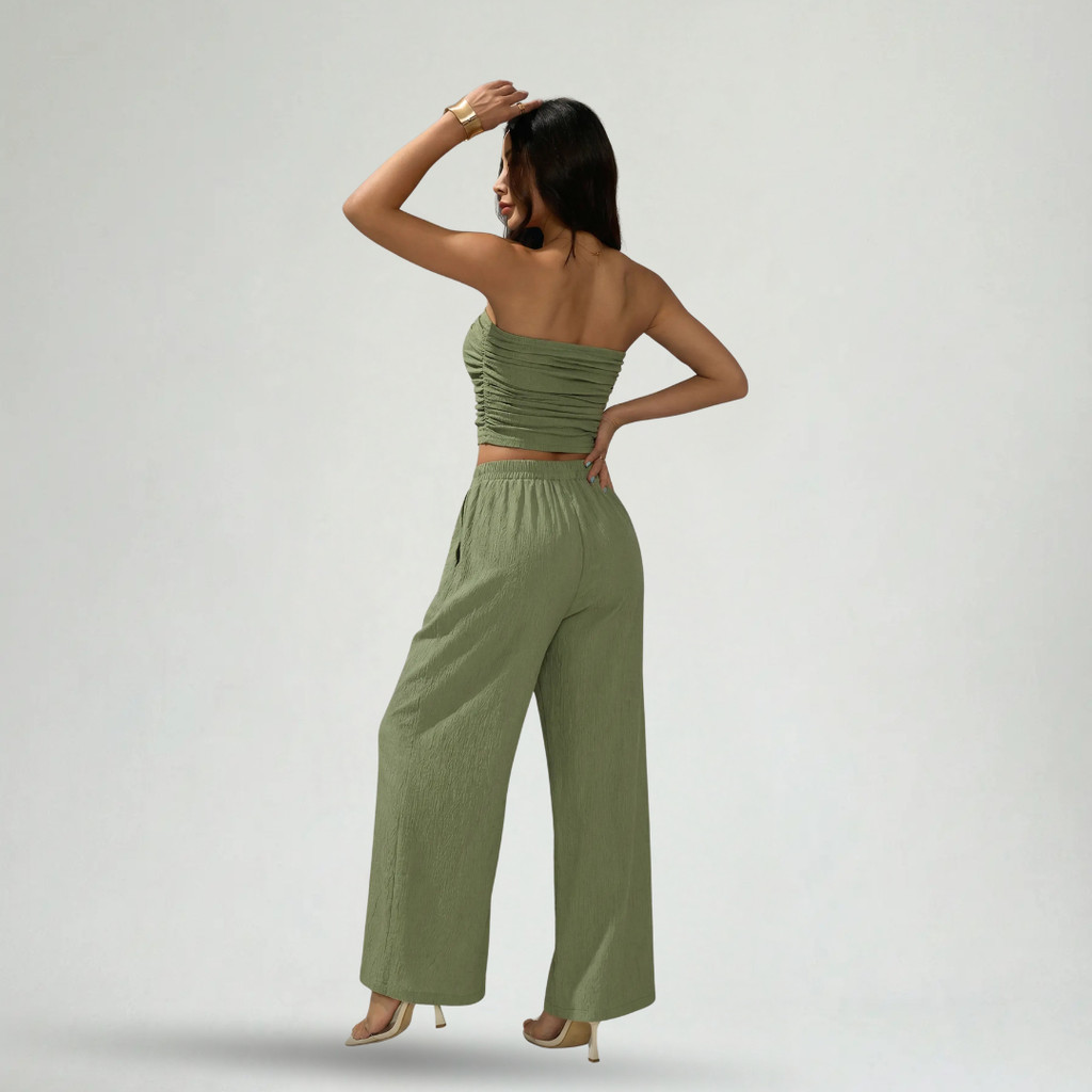 Set Áo Quây Quần Dài Nữ Vải Crepe Màu Xanh Olive