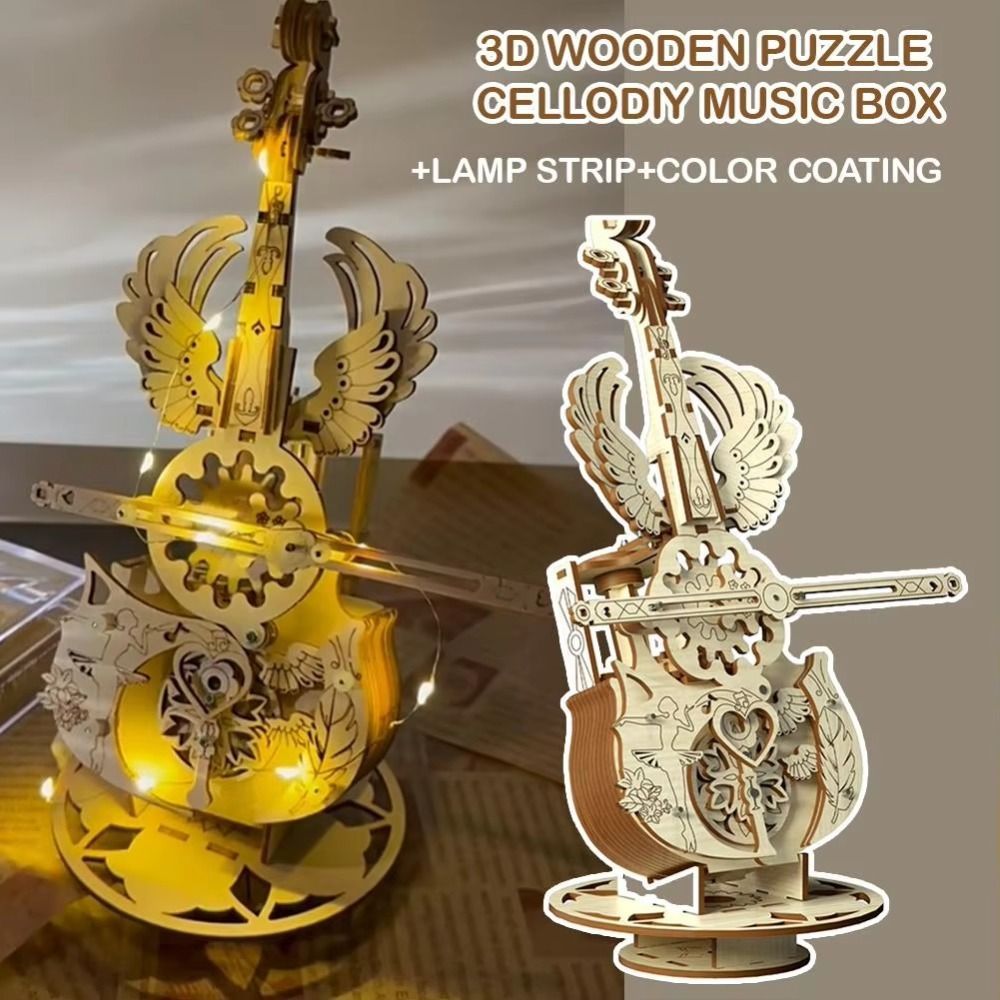 PICESTADIO Cello Hộp Nhạc, Dải LED Hộp Nhạc Xếp Hình Bằng Gỗ, Graffiti DIY Cello Đồ Chơi DIY Quà Tặng Sinh Nhật Cho Bé Gái