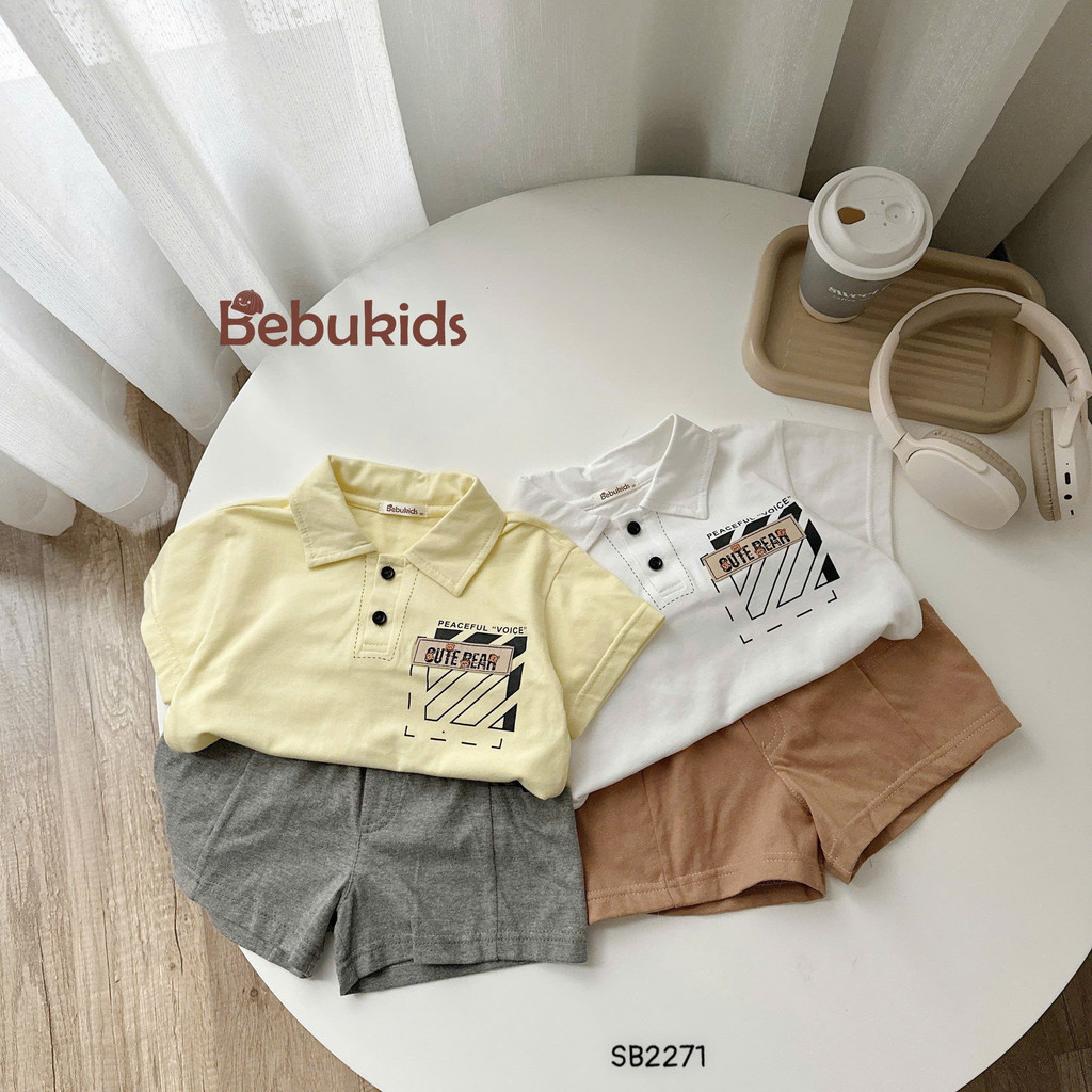 Set polo cộc tay Cute Bear Bebukids chất liệu cotton 2 chiều co giãn tốt cho bé trai 8-21kg