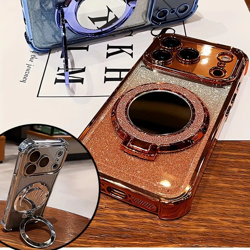 Ốp điện thoại từ tính chống sốc bốn góc mạ sang trọng cho iPhone 17 16 15 14 13 12 11 Pro Max Plus Air Glitter Holder Stand Cover