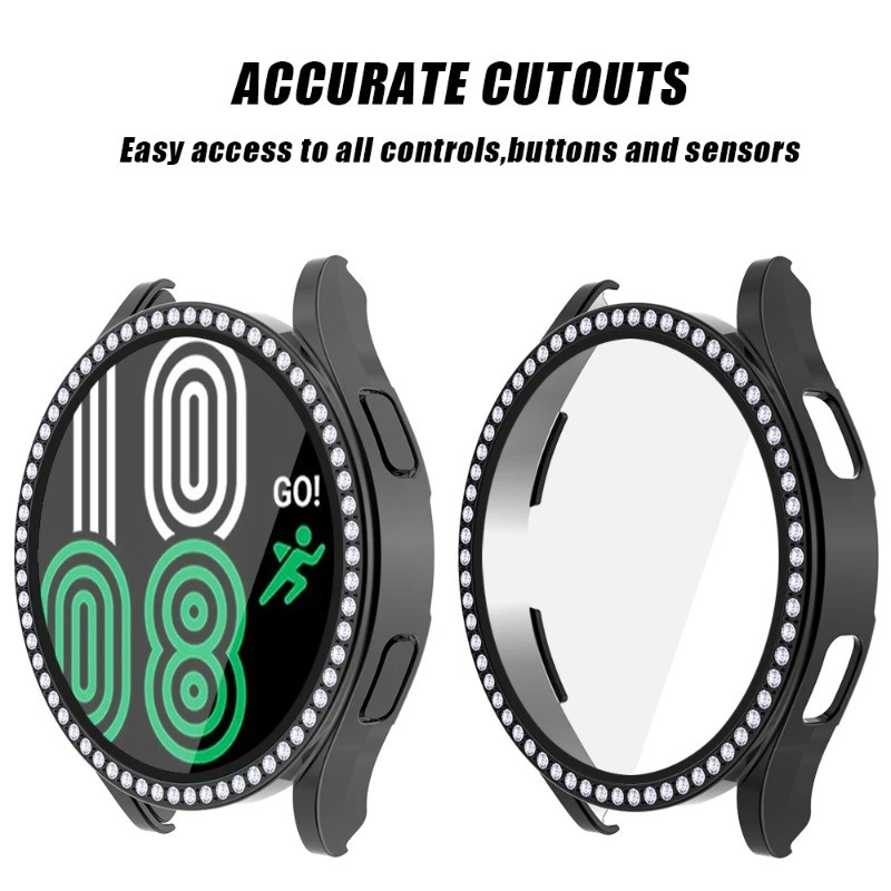 Ốp PC + Kính Cường Lực Cho Samsung Galaxy Watch 6 7 40mm 44mm Vỏ Khung Ốp Lưng Kim Cương Cho Samsung Galaxy Watch FE 5 4 40mm 44mm Bảo Vệ Màn Hình Full Cover