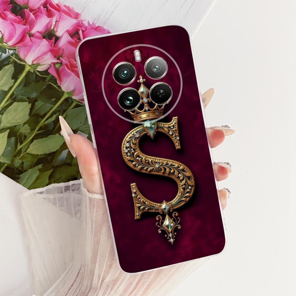Dành Cho Realme RMX3867 Dành Cho Realme 12 Plus 5G Ốp Lưng Trong Suốt Sang Trọng Vương Miện A-Z Chữ 2D Họa Tiết Phẳng Mềm Ốp Lưng Điện Thoại Real me 12 Plus 5G