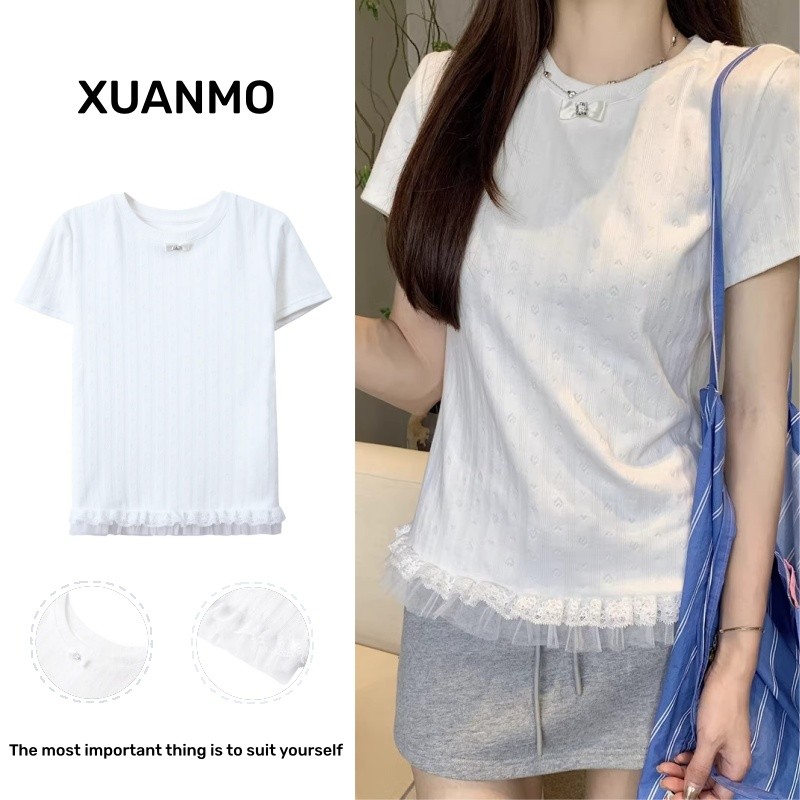 Ren Khâu Cổ Tròn Tay Ngắn Nữ Mùa Hè Ngọt Ngào Ôm Hơn Nhìn Top
