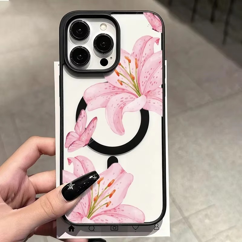 Dành Cho iPhone 16 15 11 12 13 14 Pro 17 Max 14 15 Plus 16e Ốp Lưng Hoa Lượn Màu Hồng Trong Suốt Từ Tính Cứng Điện Thoại Chống Sốc