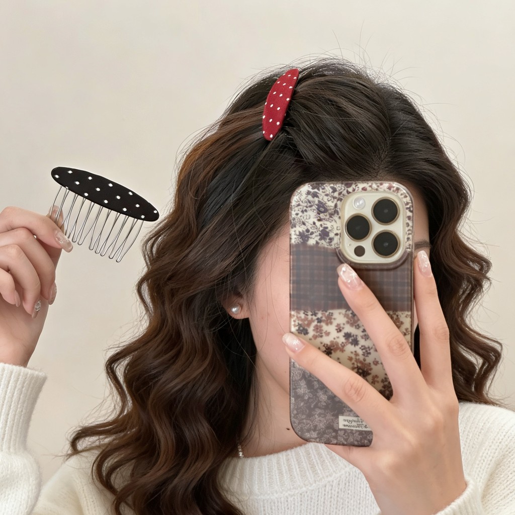 Retro Chấm Bi Acetate Cong Lược Răng Đầu Lâu Cao Cấp Kẹp Tóc