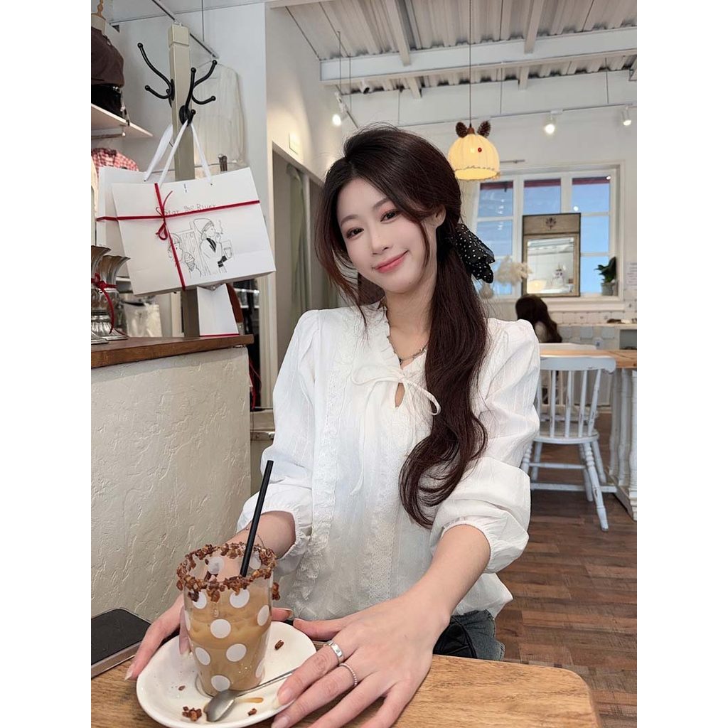 SUXI Áo sơ mi dài tay cổ ren giản dị nhẹ nhàng dành cho nữ 260123